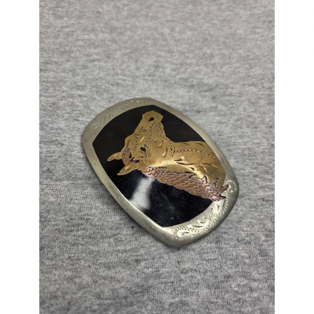 Vintage German Silver Black Enamel Brass Inlay Stallion Horse Belt Buckle